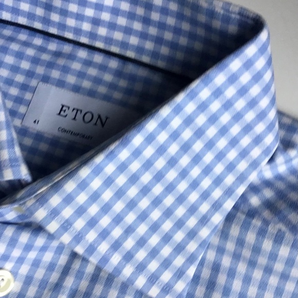 ETON  light blue nice checkered dress cotton shirt Sz 16 made in Romania  🇷🇴 - Picture 7 of 10